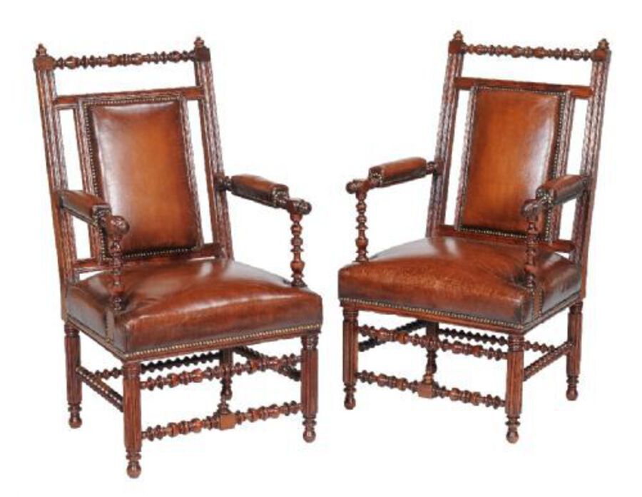 Pair of 19th Century Victorian Walnut Gothic Revival Armchairs