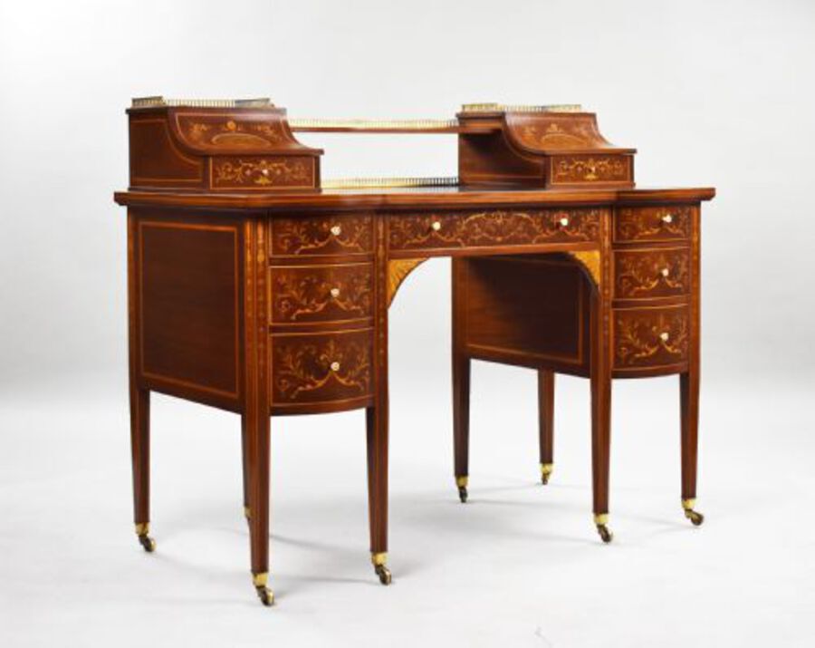 Victorian Sheraton Revival Marquetry Inlaid Carlton House Desk