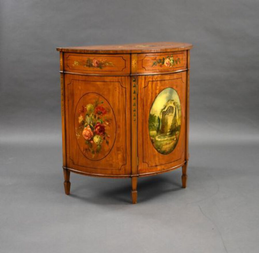 Edwardian Satinwood Hand Painted Demi Lune Side Cabinet