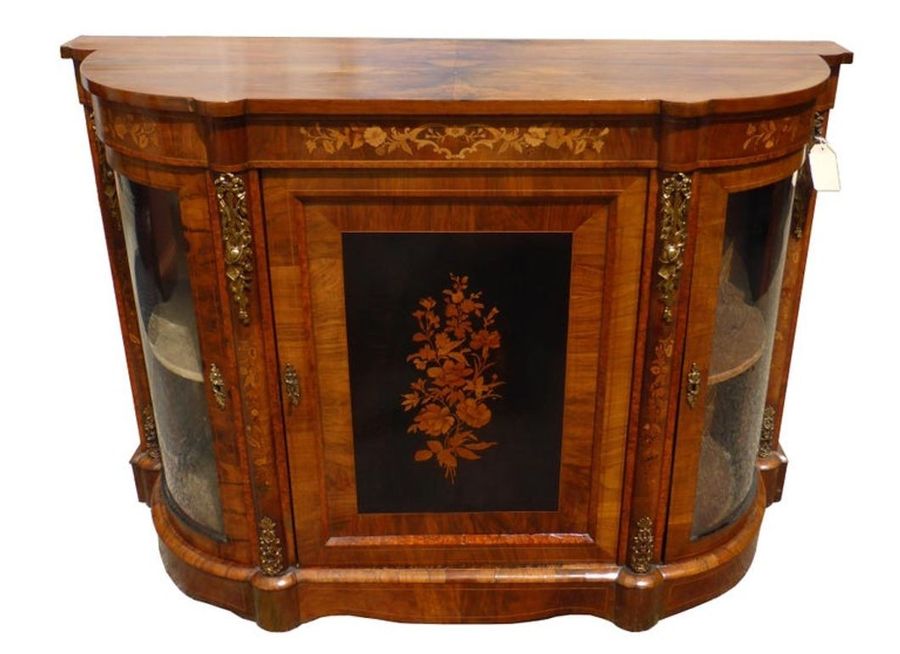 Antique 19th Century English Victorian Figured Walnut And Marquetry Credenza