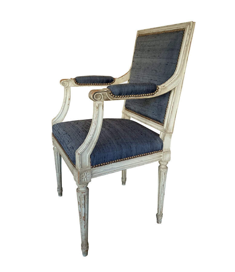 Antique A PAIR OF PAINTED LOUIS XVI STYLE ARMCHAIRS IN CHARCOAL SILK