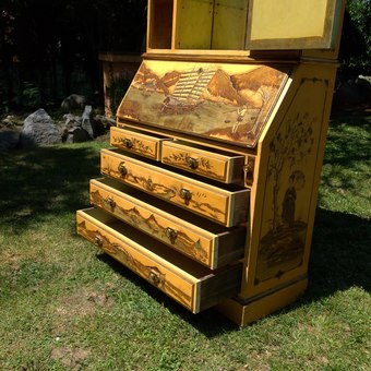 Antique Spanish polychrome bureau bookcase with chinoiserie in refief