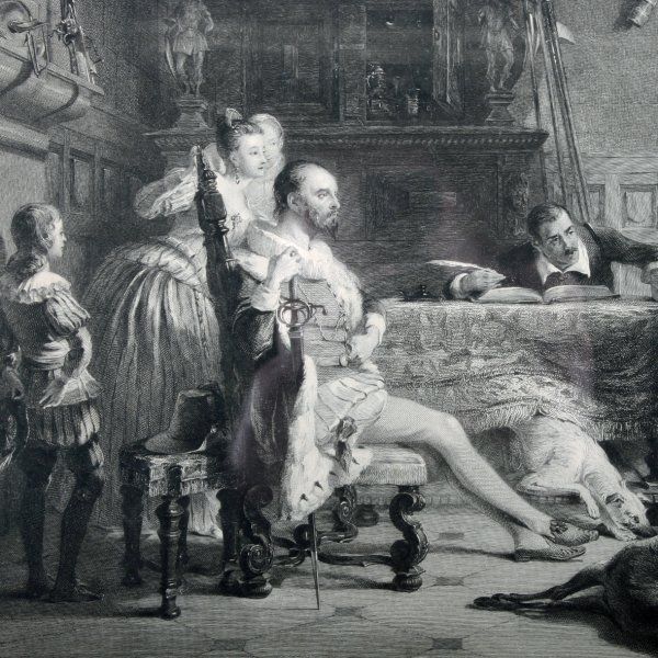 Antique Victorian Engraving of 'The Examination of Shakespeare' 