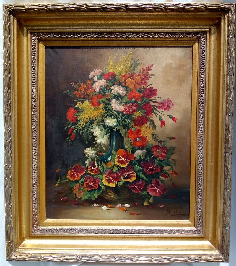 Authentic oil on canvas 19th signed, still life "Bouquet of flowers in a vase", FREE WORLDWIDE SH...