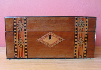 Antique Victorian Mahogany Work Box with Tunbridge Ware Inlay