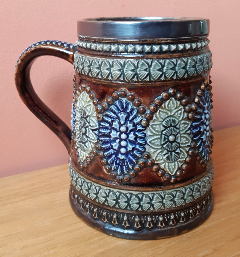 Doulton Lambeth Earthenware Tankard with Silver-Plated Mount