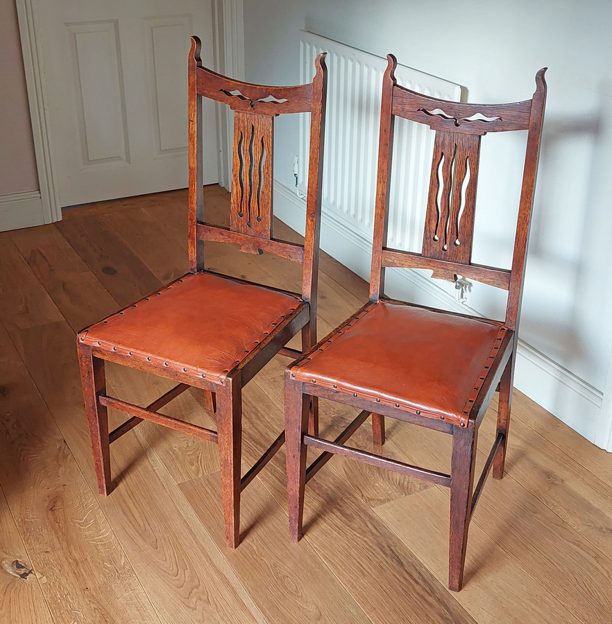 Antique A Pair of Oak Arts & Crafts Period Side or Hall Chairs