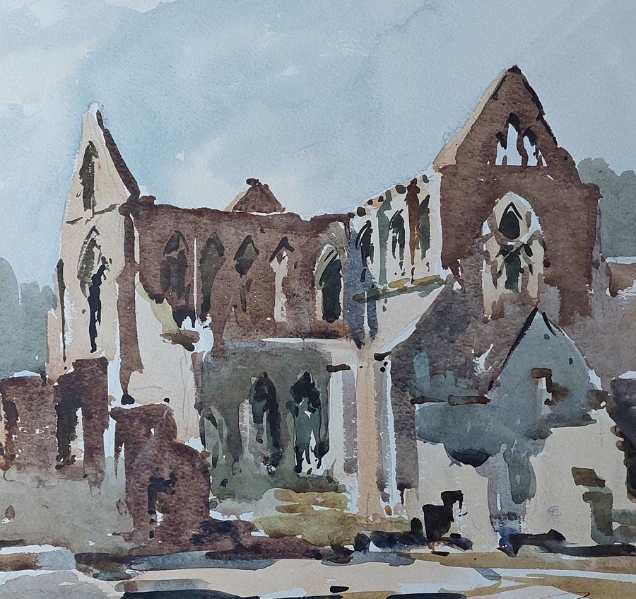Antique Original Framed Watercolour of Tintern Abbey Ruins, ca 1960s? by Edward Wesson