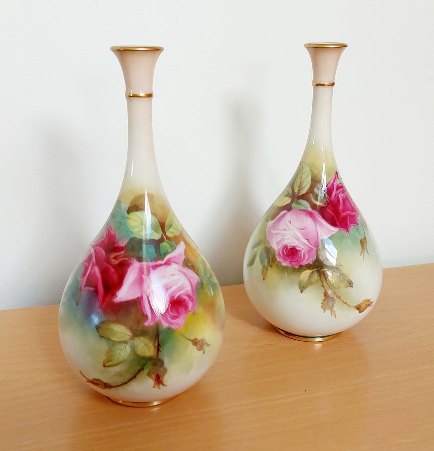 Matched Pair of Early 20thC Royal Worcester Bone China Bottle Vases
