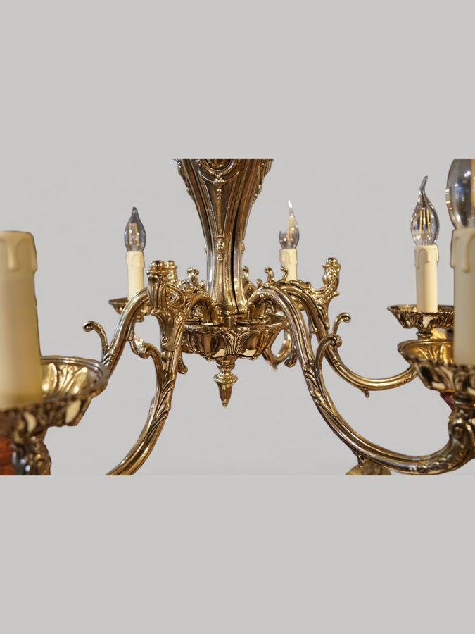 Antique Edwardian brass cast 6 branch chandelier