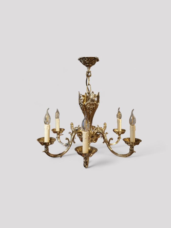 Antique Edwardian brass cast 6 branch chandelier