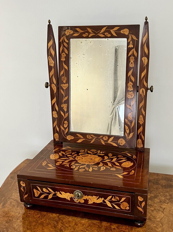 Antique Antique quality mahogany Dutch marquetry inlaid dressing table mirror 
