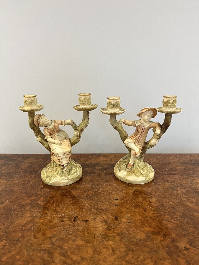 Antique Quality pair of antique Royal Worcester Hadley candlesticks 