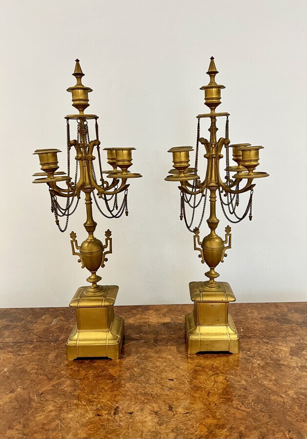 Antique Large pair of antique Victorian quality gilded brass candelabras 