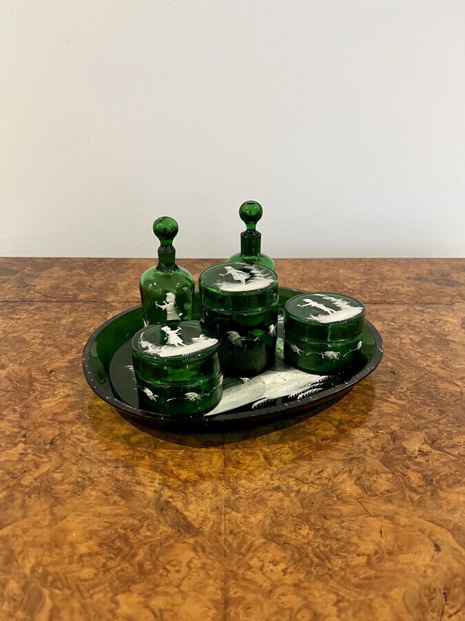 Antique Rare quality antique Victorian Mary Gregory green dressing table set 