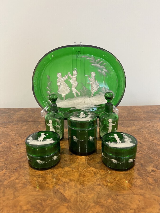 Antique Rare quality antique Victorian Mary Gregory green dressing table set 