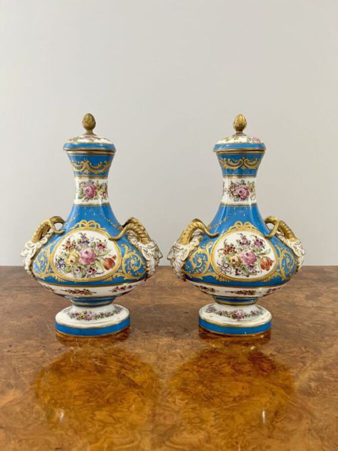 Antique Fine quality pair of antique Victorian French severs lidded vases