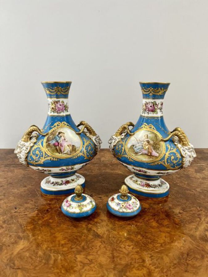 Antique Fine quality pair of antique Victorian French severs lidded vases
