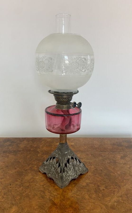 Antique ANTIQUE VICTORIAN CRANBERRY GLASS OIL LAMP