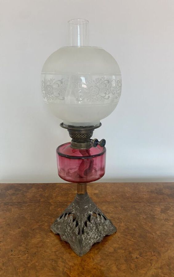 Antique ANTIQUE VICTORIAN CRANBERRY GLASS OIL LAMP