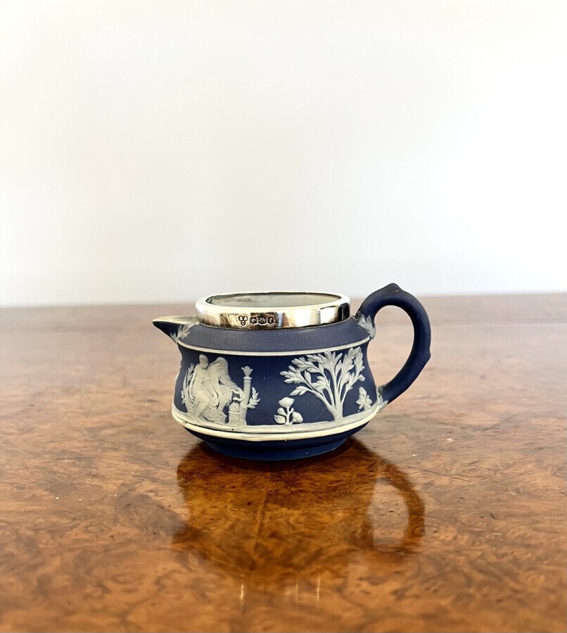 Antique Quality antique Victorian silver mounted three piece Jasperware Wedgwood tea set