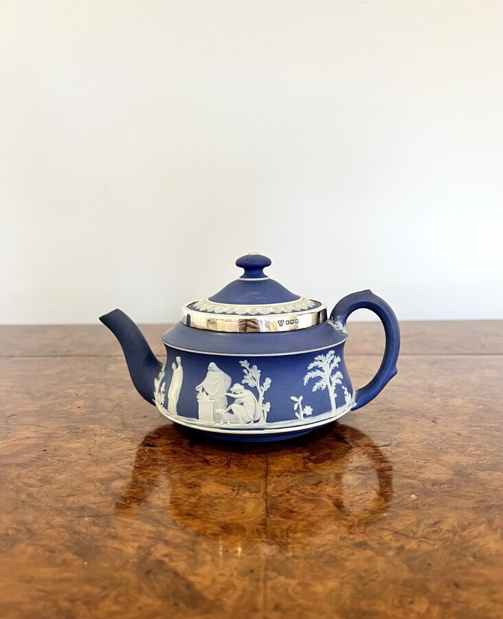 Antique Quality antique Victorian silver mounted three piece Jasperware Wedgwood tea set