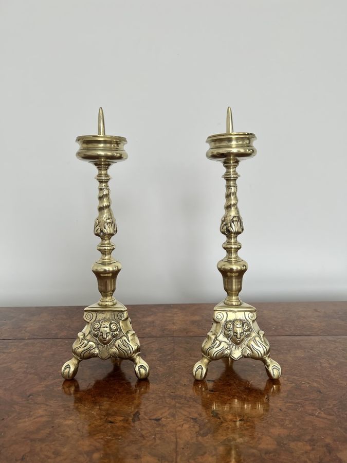 Quality Pair of Unusual Antique Victorian Ornate Brass Pricket Candlestick