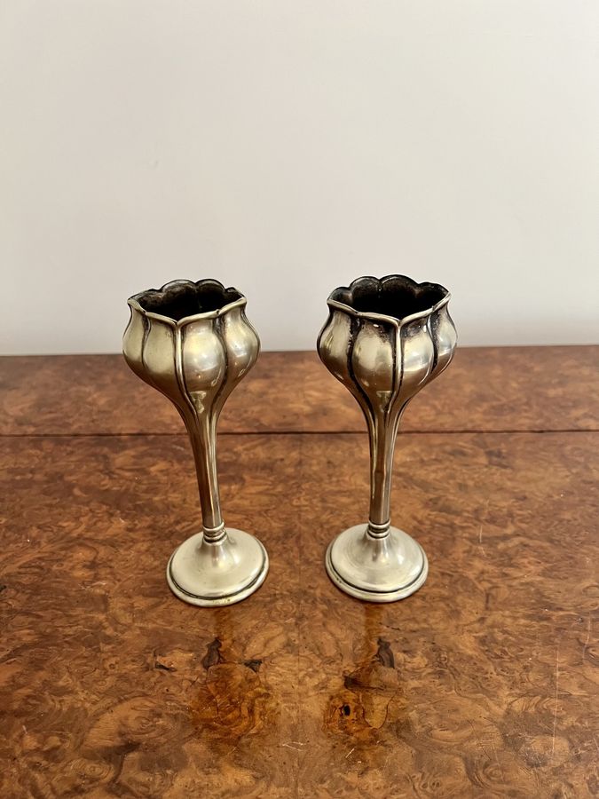 Antique Lovely pair of Art Nouveau silver plated spill vases 