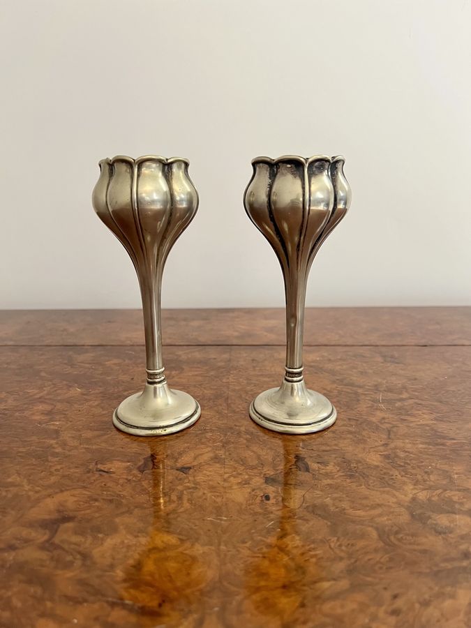 Antique Lovely pair of Art Nouveau silver plated spill vases 