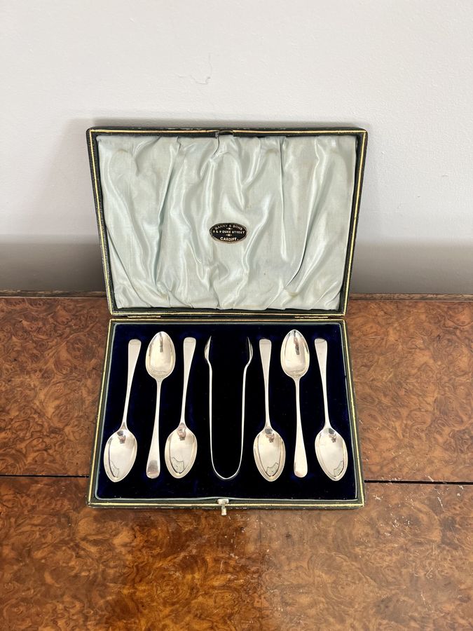 Antique Quality set of silver antique Victorian tea spoons and sugar tongs 