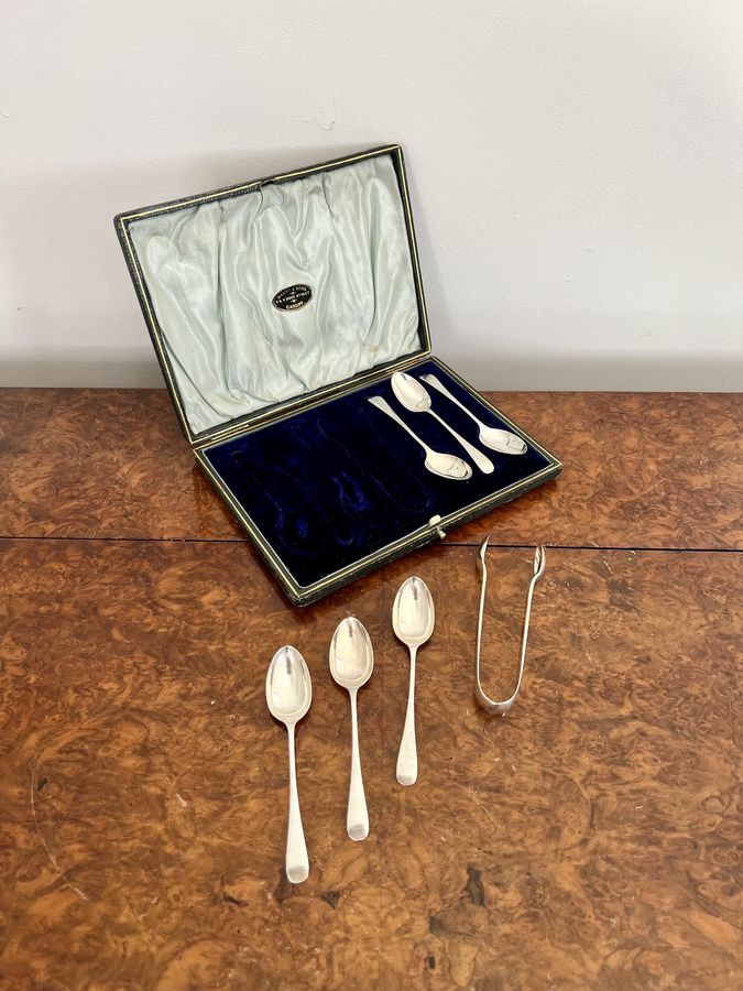 Antique Quality set of silver antique Victorian tea spoons and sugar tongs 