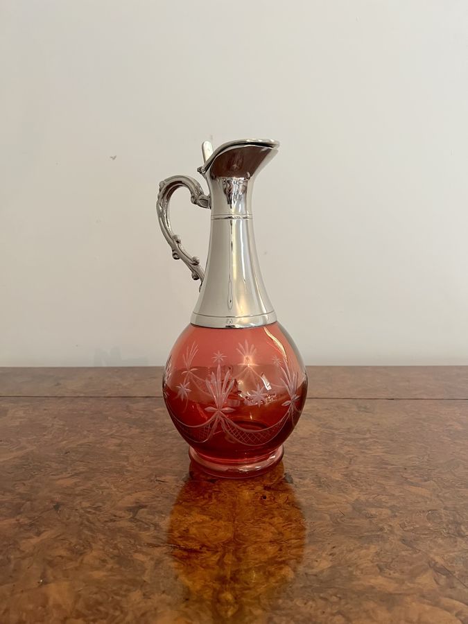 Antique Superb antique Edwardian cranberry glass wine decanter