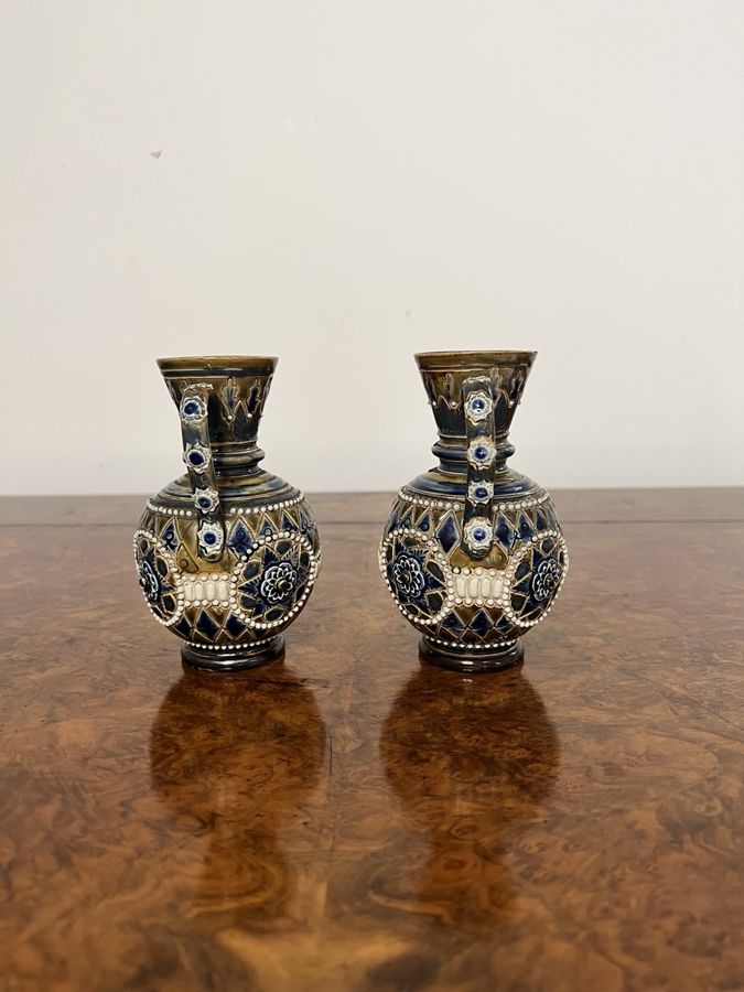 Antique Fine quality pair of antique Victorian Doulton Lambeth small vases 