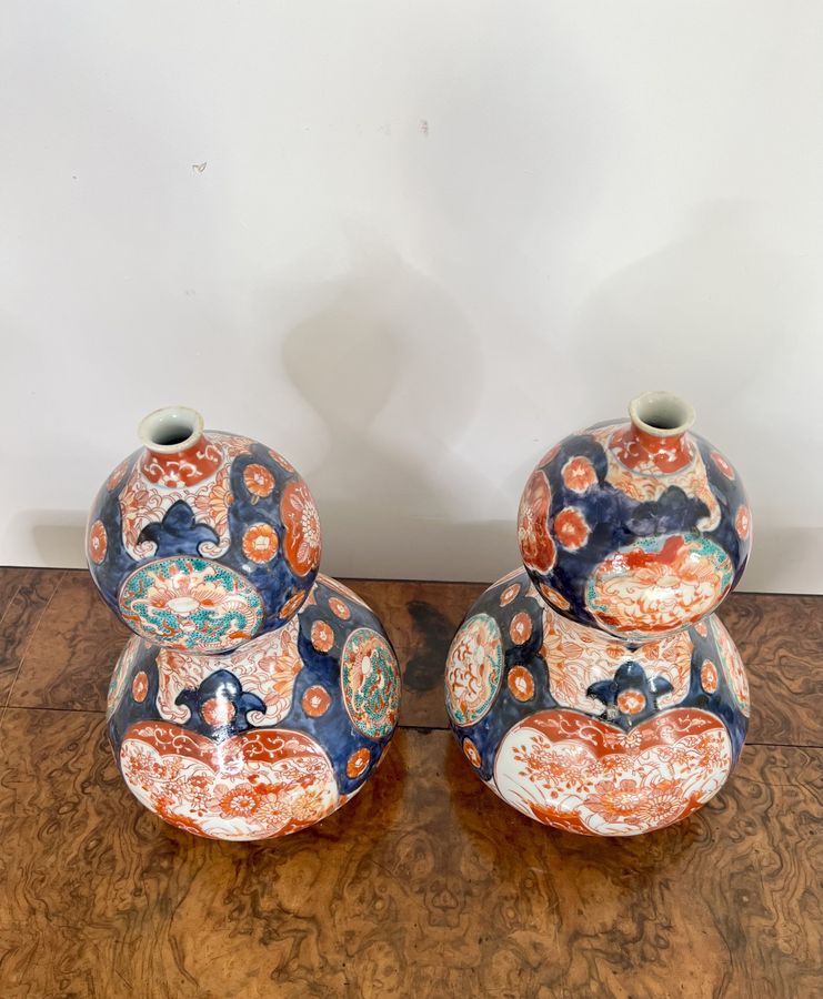 Antique Magnificent pair of unusual shaped antique Japanese imari vases
