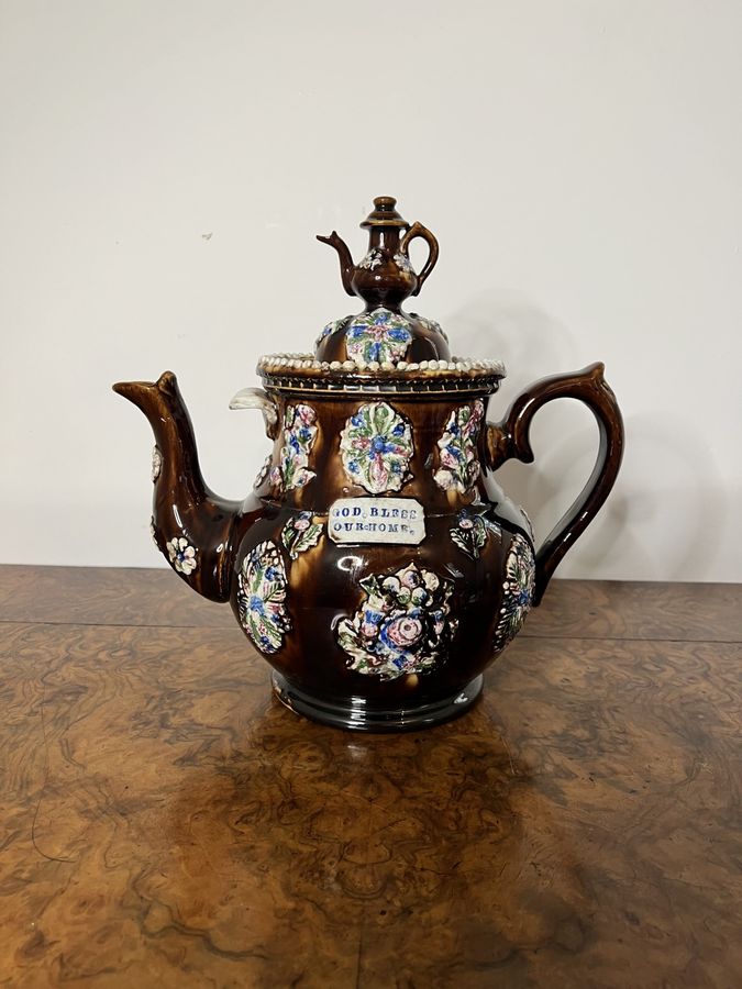 Antique Large unusual antique Bargeware tea pot 