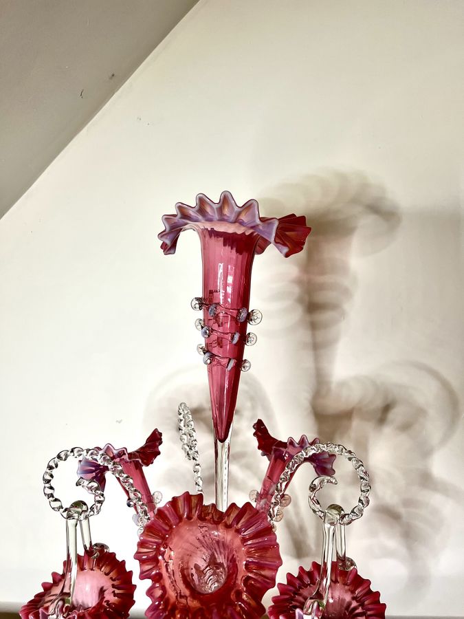 Antique Outstanding quality large antique Victorian cranberry glass epergne