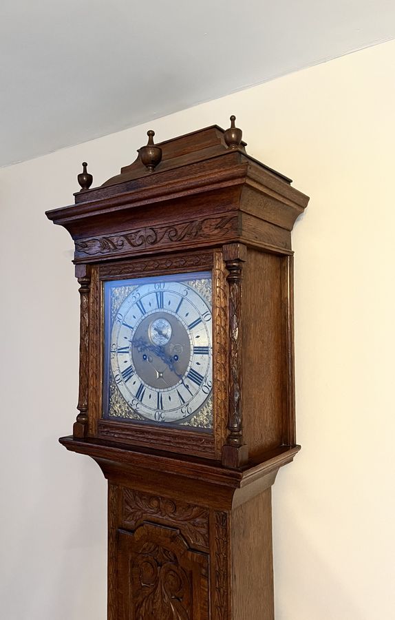 Antique Outstanding quality 18th century carved oak long case clock by Smith Macclesfield