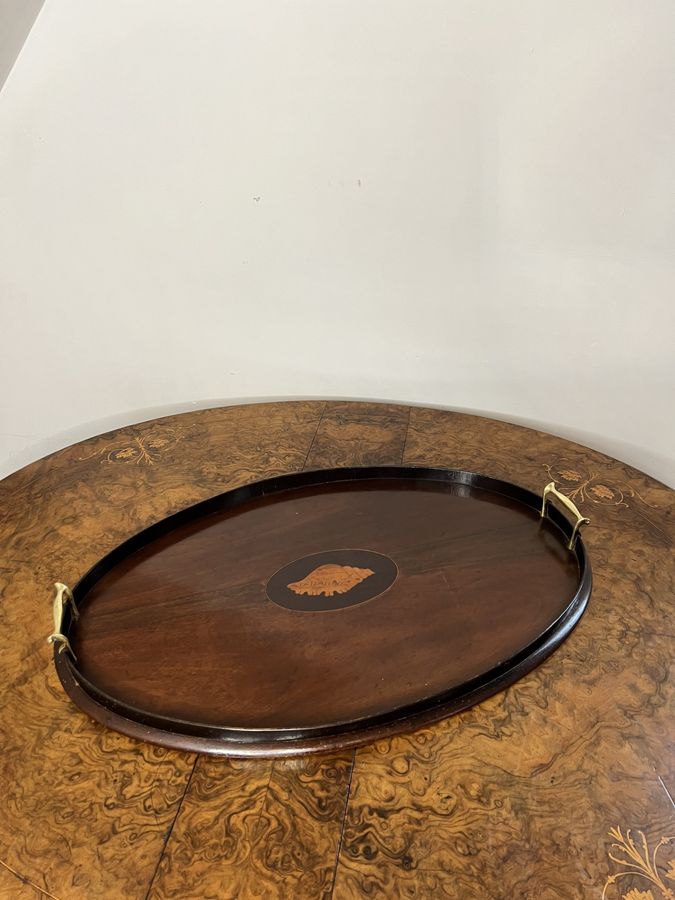 Antique Quality antique Edwardian mahogany inlaid oval tea tray 