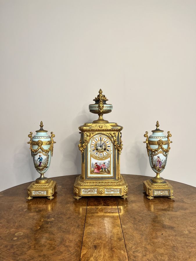 Outstanding quality antique Victorian French mantle clock garniture set