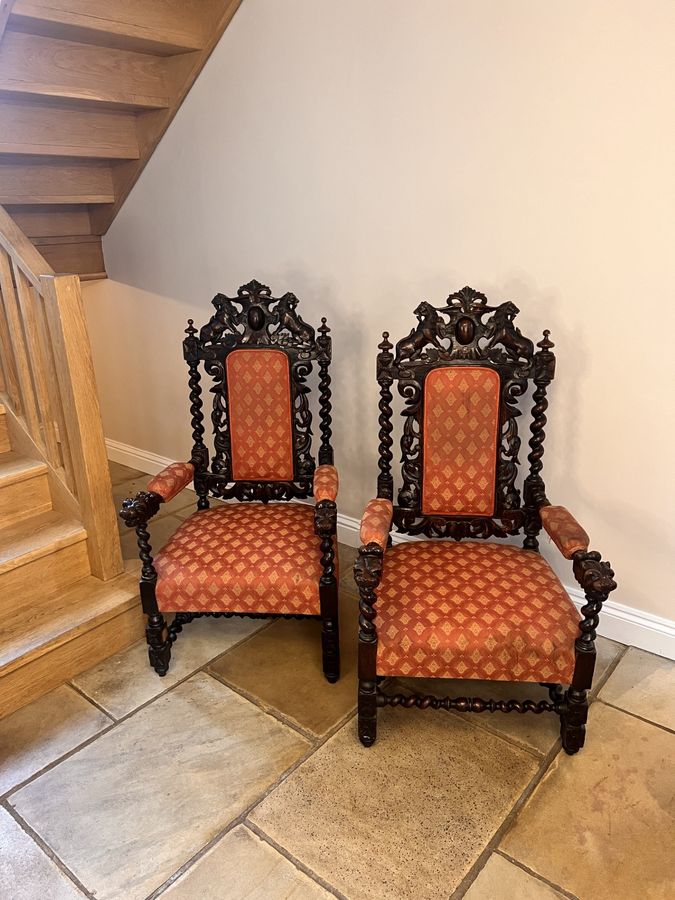 Pair of quality carved oak antique Victorian throne chairs