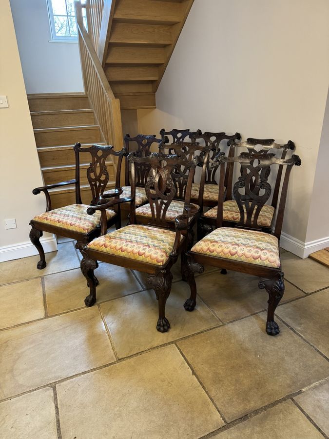 Outstanding quality set of eight antique Victorian mahogany Irish Chippendale style dining chairs