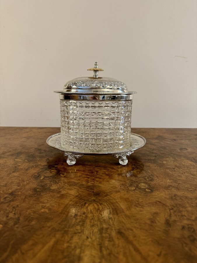Wonderful quality antique Edwardian cut glass silver plated biscuit barrel