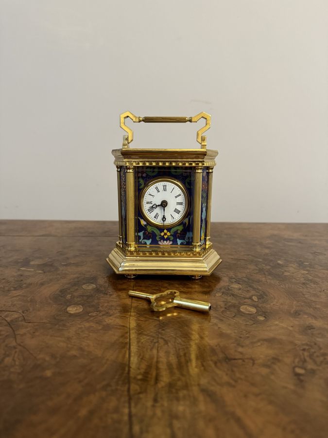 Superb quality antique French brass carriage clock with fantastic decorated panels