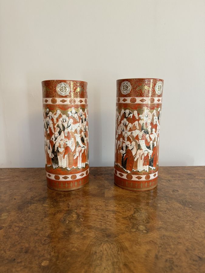 Antique Outstanding quality pair of 19th century Japanese Kutani cylindrical vases 