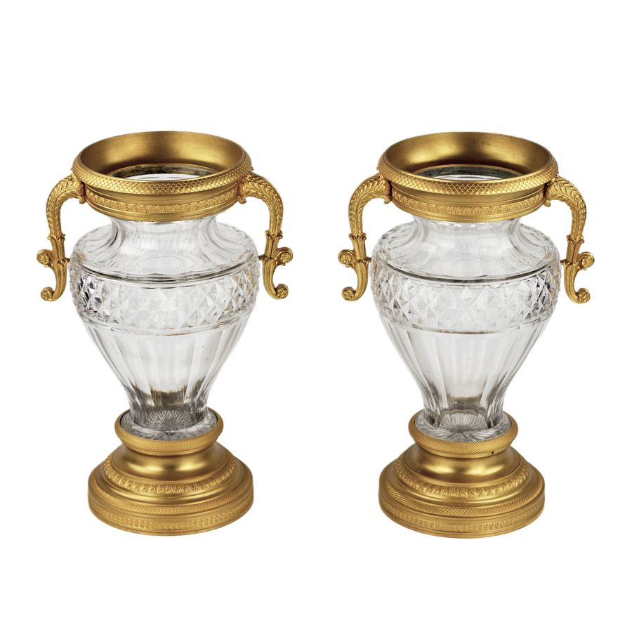 Antique Pair of crystal vases with gilt bronze. End of the 19th century.