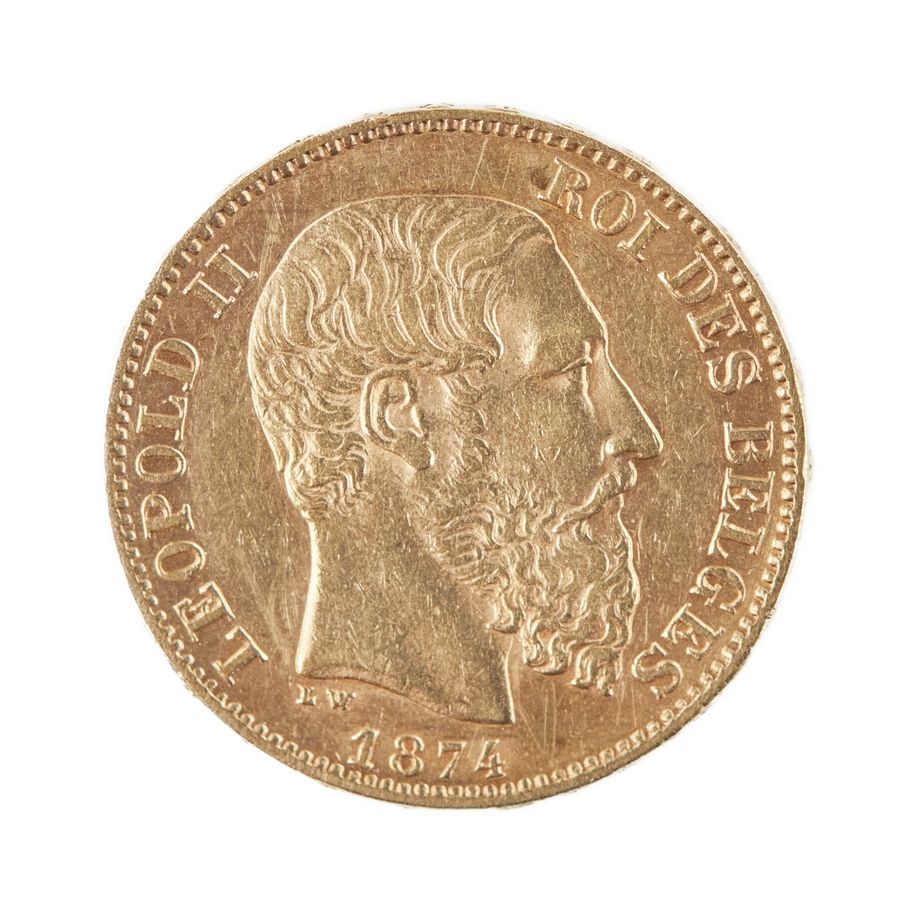 Antique 20 francs gold coin Leopold II King of Belgium. 1874