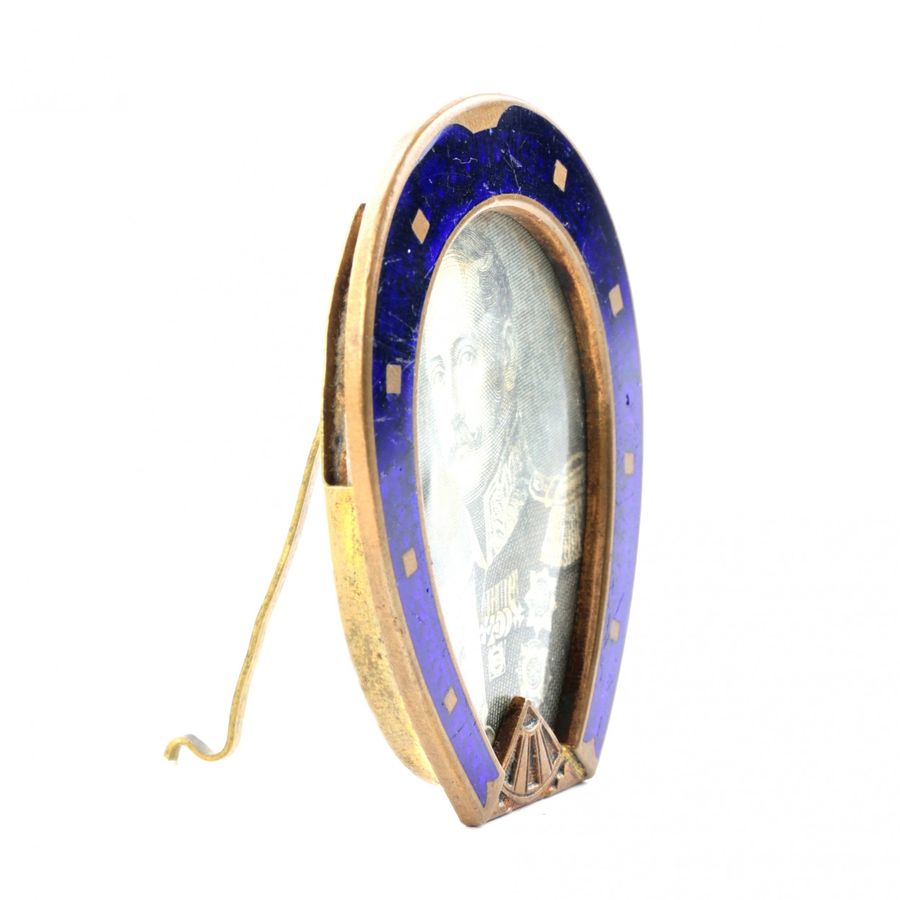 Antique Photo frame in the shape of a horseshoe, with blue enamel from the late 19th century.