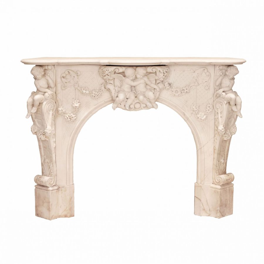 French white marble fireplace with cupids, Louis XV style. 19th century