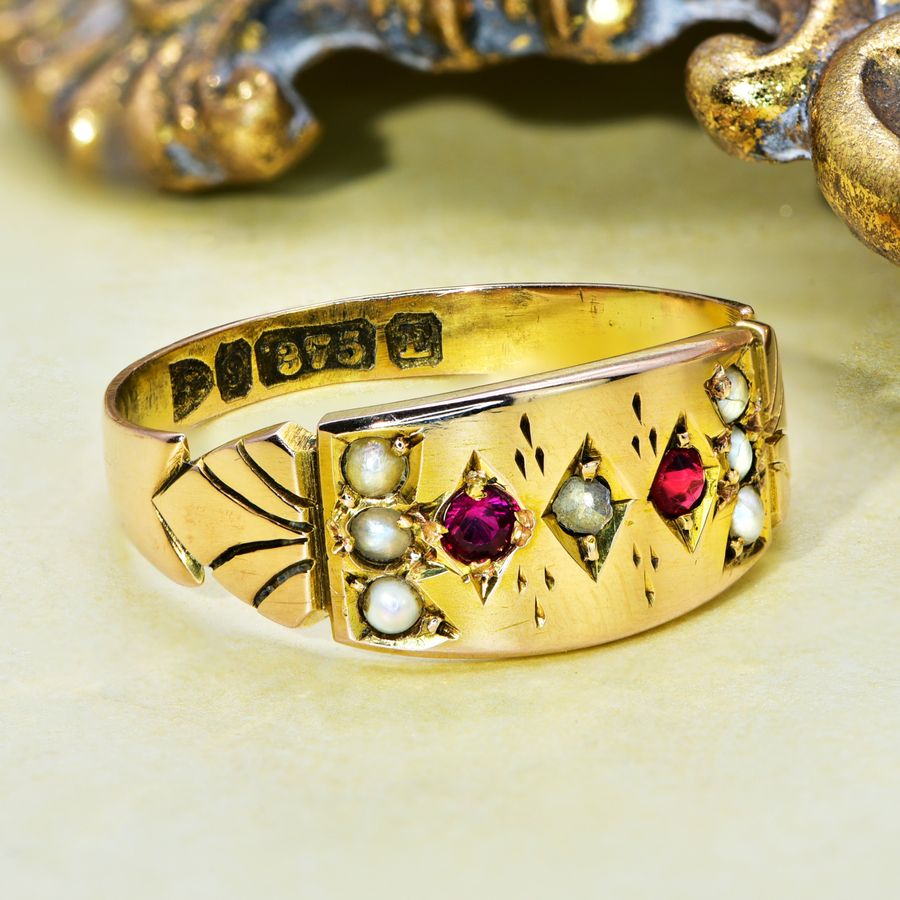 Antique The Antique Victorian 1888 Ruby, Pearl and Old Cut Diamond Ring
