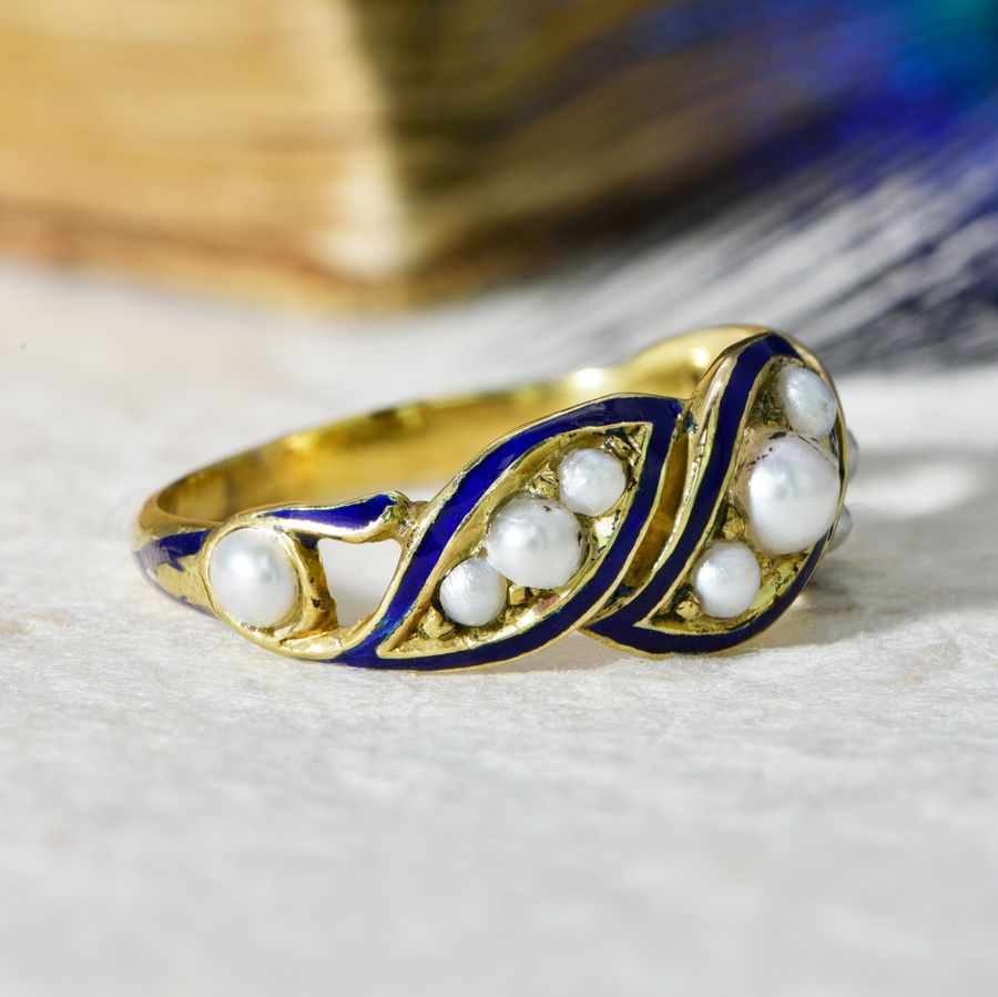 Antique The Antique Victorian Pearl and Blue Enamel Flourish Ring